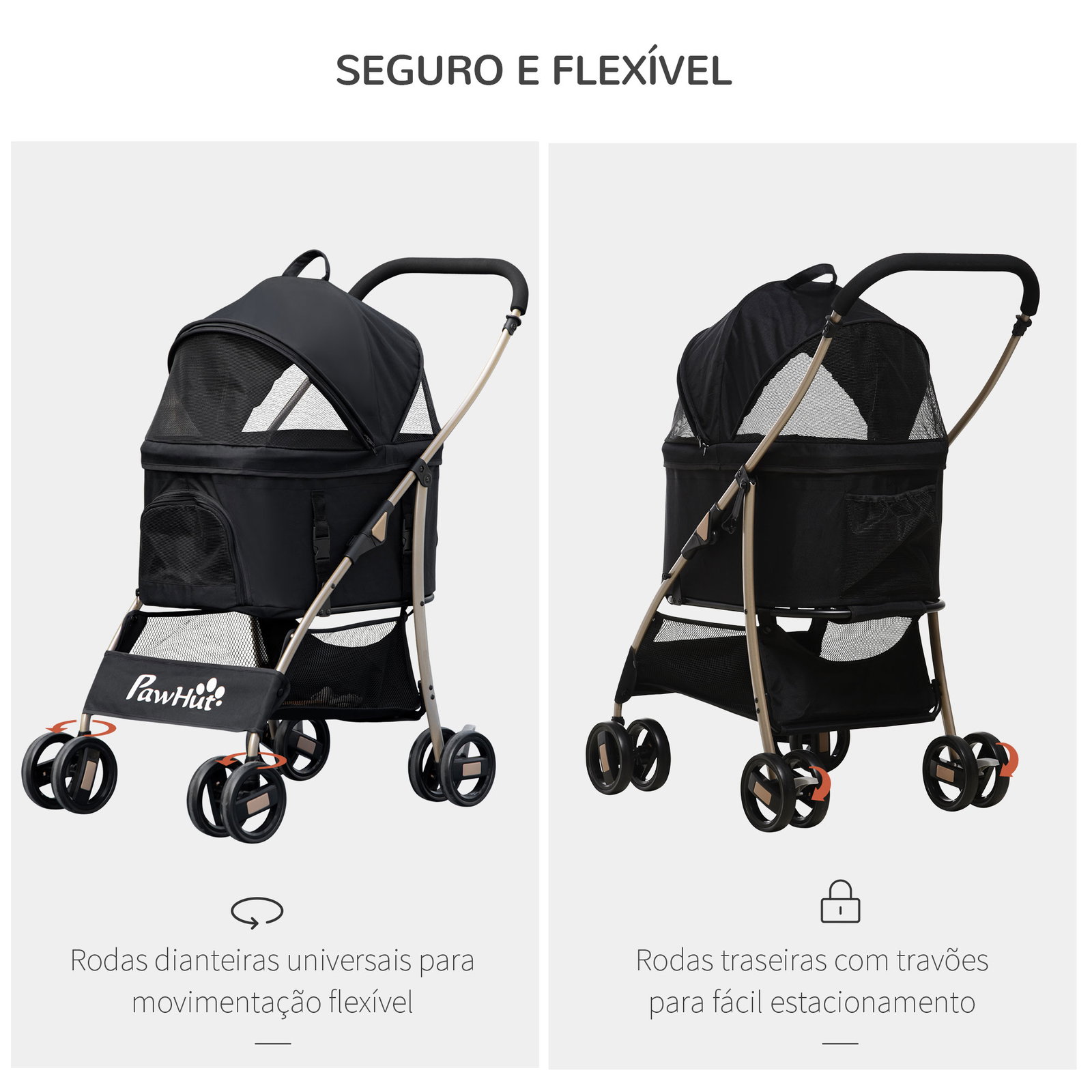 Carrinho para animais de estimação 3 em 1 dobrável com bolsa de transporte cesta de armazenamento e travão 82x49,5x98cm preto