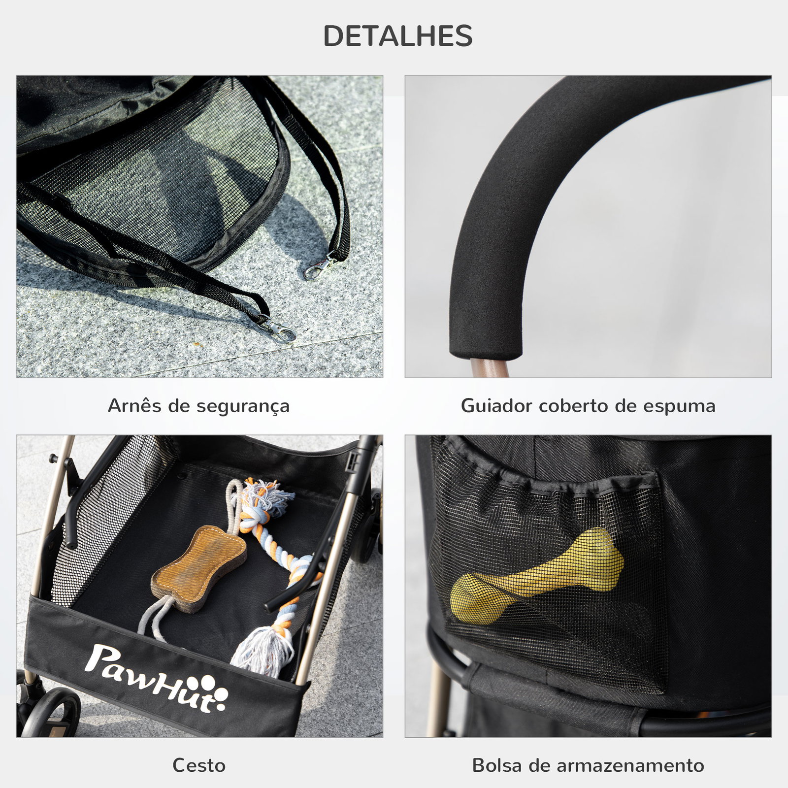 Carrinho para animais de estimação 3 em 1 dobrável com bolsa de transporte cesta de armazenamento e travão 82x49,5x98cm preto