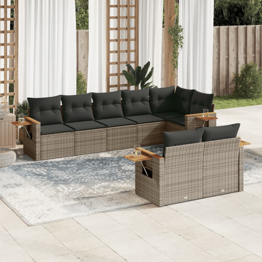 8 Pcs conjunto sofás de jardim c/ almofadões vime PE cinzento
