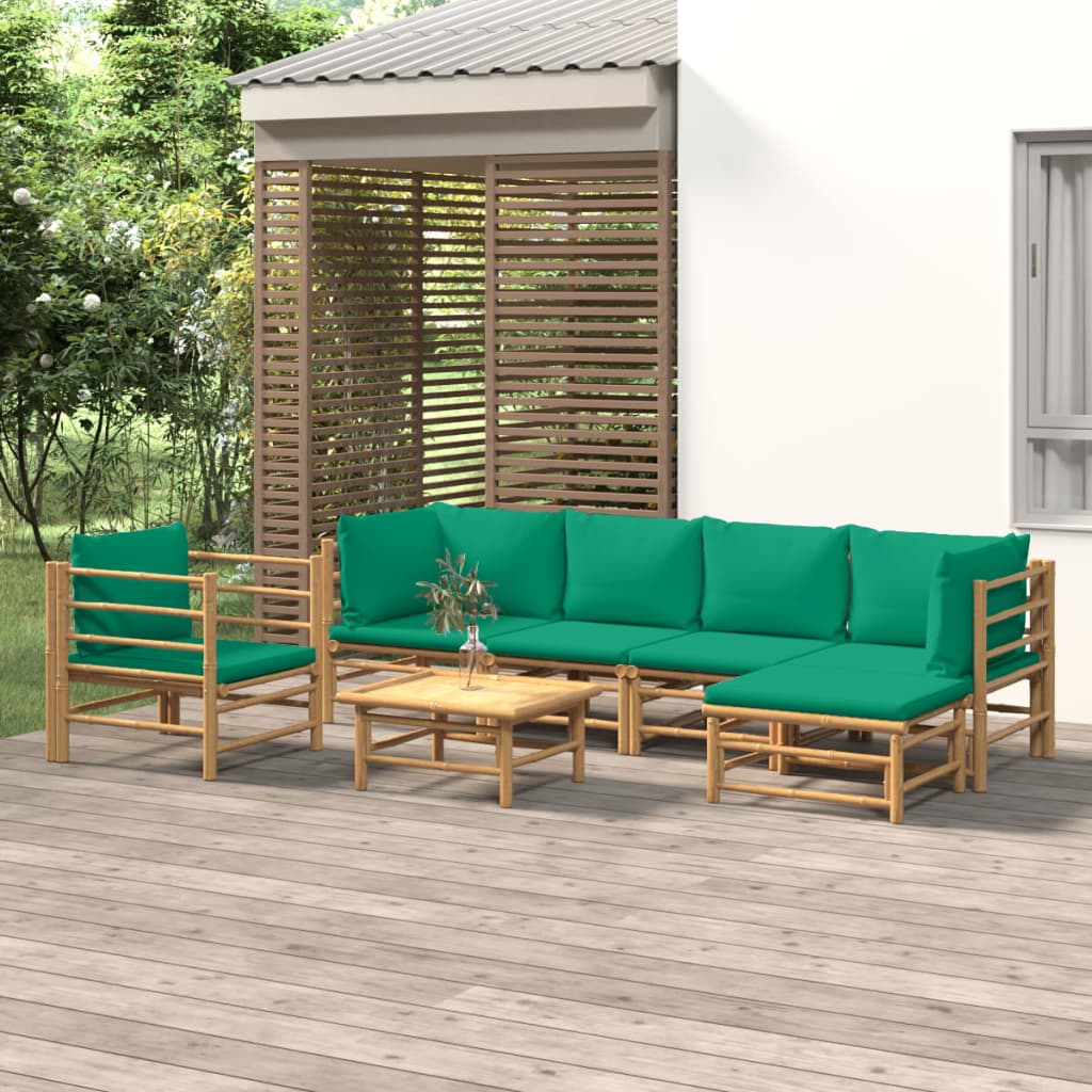7 Pcs conjunto lounge de jardim bambu c/ almofadões verdes