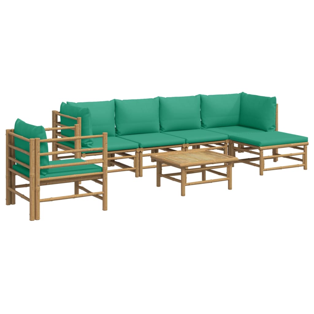 7 Pcs conjunto lounge de jardim bambu c/ almofadões verdes