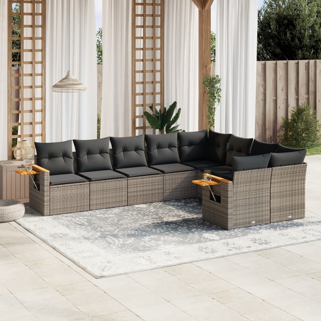 9 Pcs conjunto sofás p/ jardim com almofadões vime PE cinzento