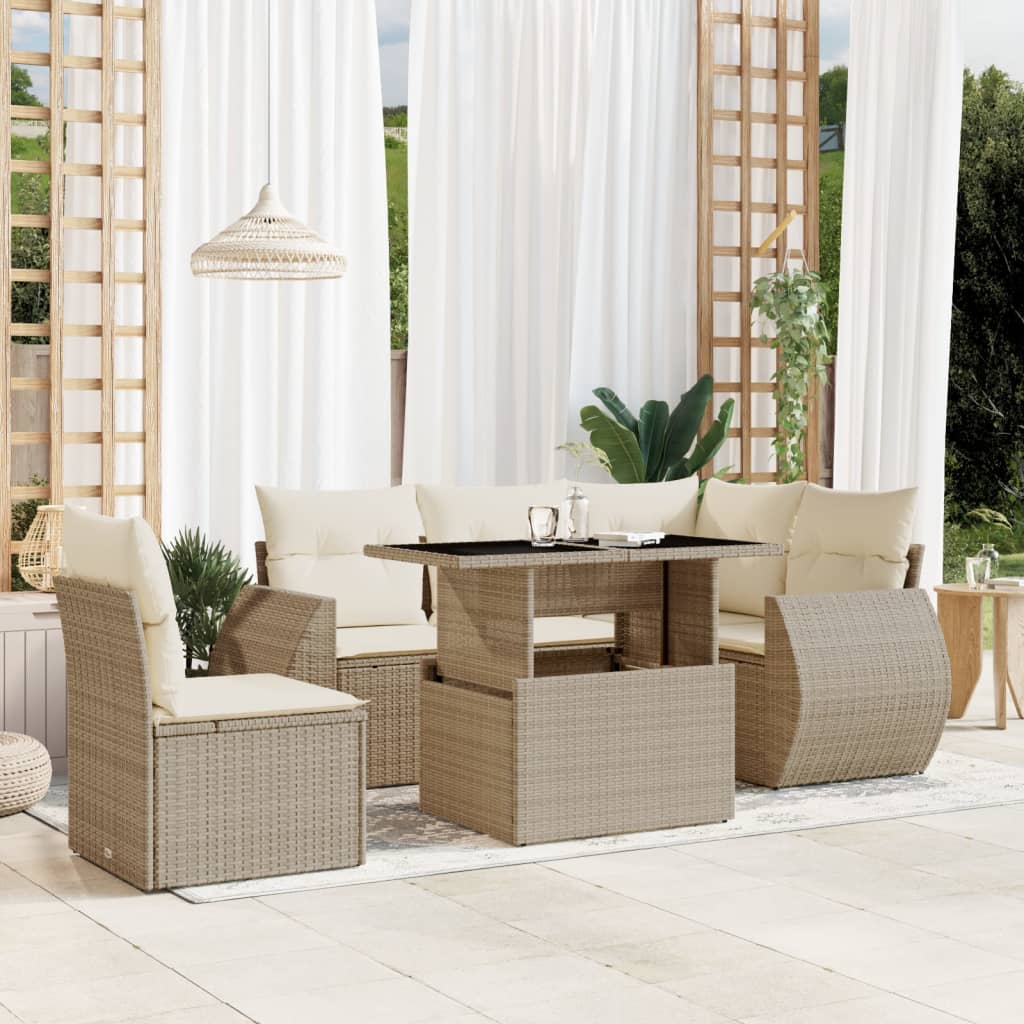 6 Pcs conjunto de sofás p/ jardim com almofadões vime PE bege