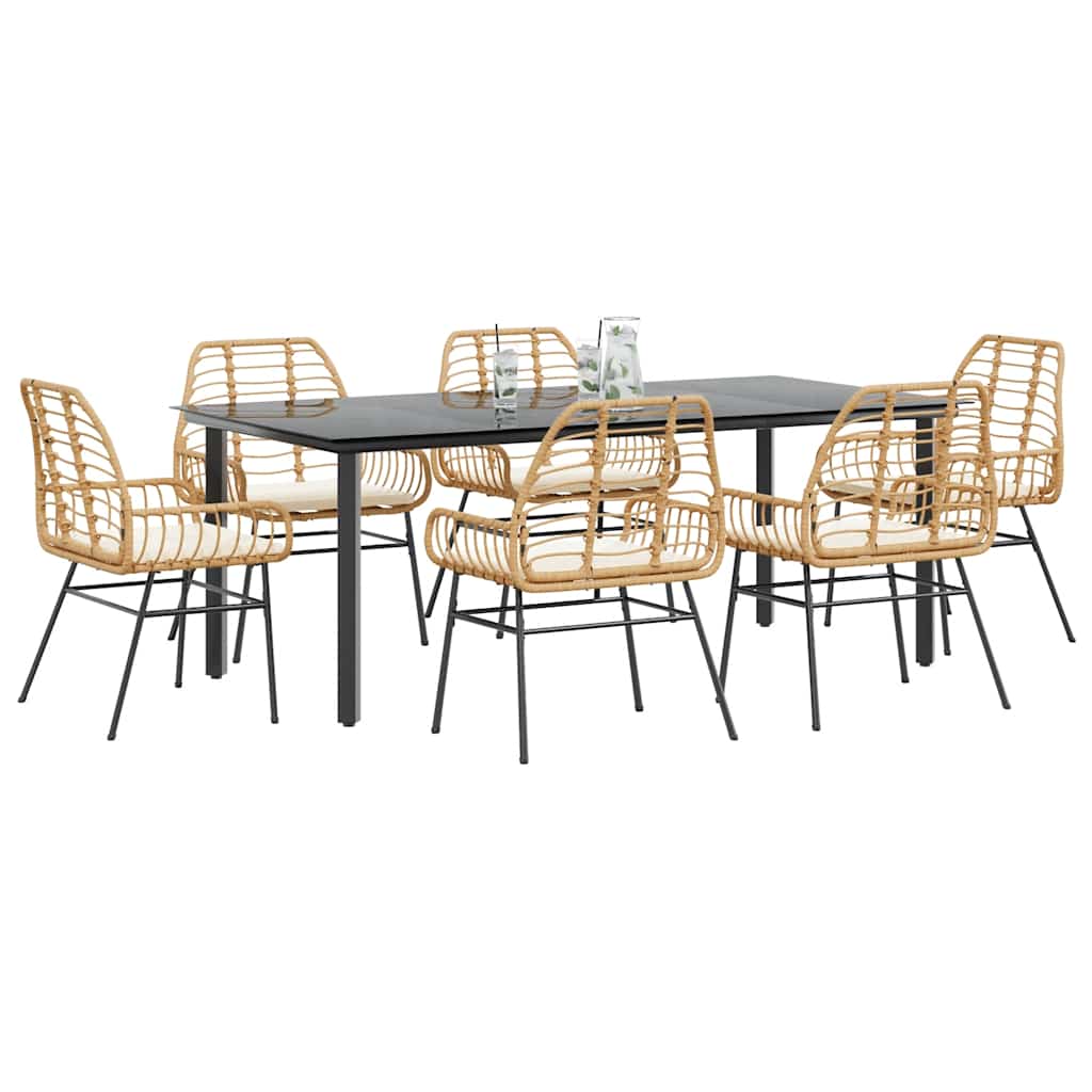 Conjunto jantar jardim 7 peças almofadas vidro vime PE castanho