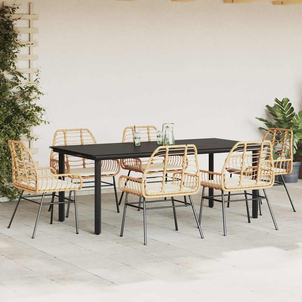 Conjunto jantar jardim 7 peças almofadas vidro vime PE castanho