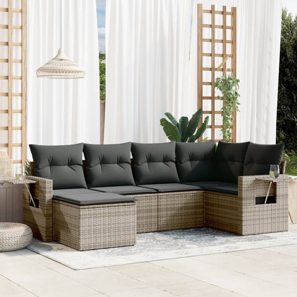 6 Pcs conjunto sofás de jardim com almofadões vime cinzento