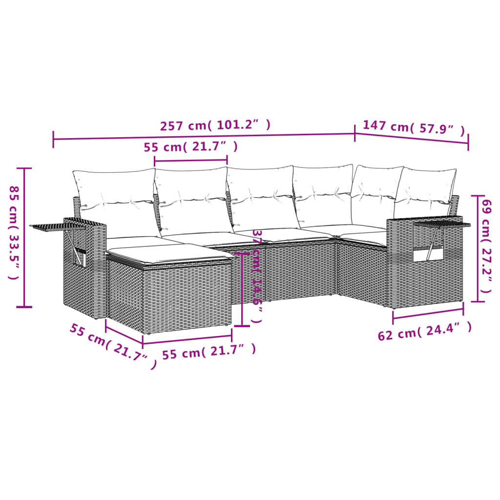 6 Pcs conjunto sofás de jardim com almofadões vime cinzento
