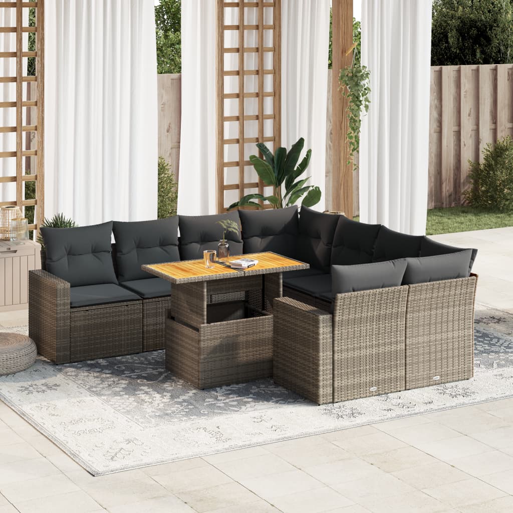 9 Pcs conjunto sofás p/ jardim com almofadões vime PE cinzento