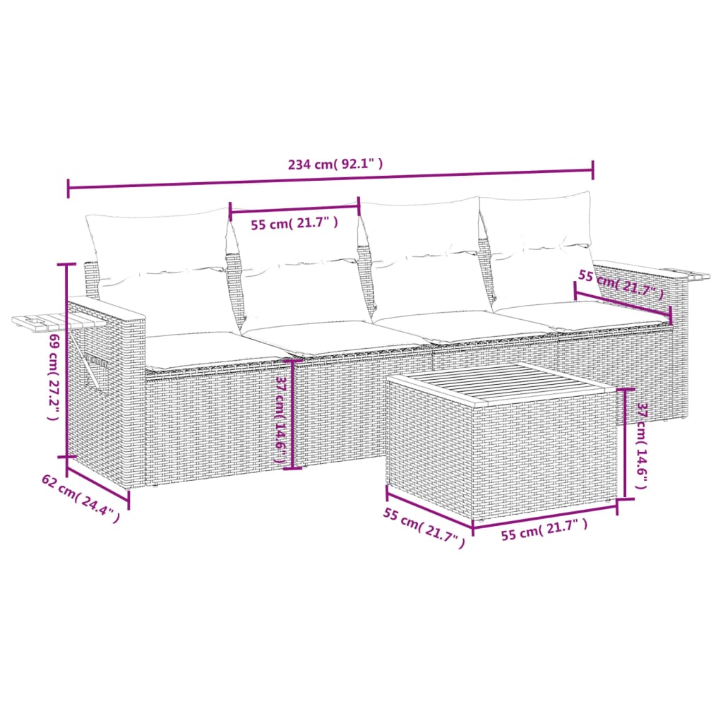 5 Pcs conjunto sofás de jardim com almofadões vime PE preto