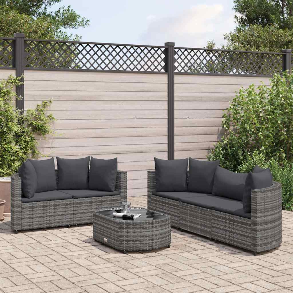 6 Pcs conjunto sofás de jardim com almofadões vime cinzento