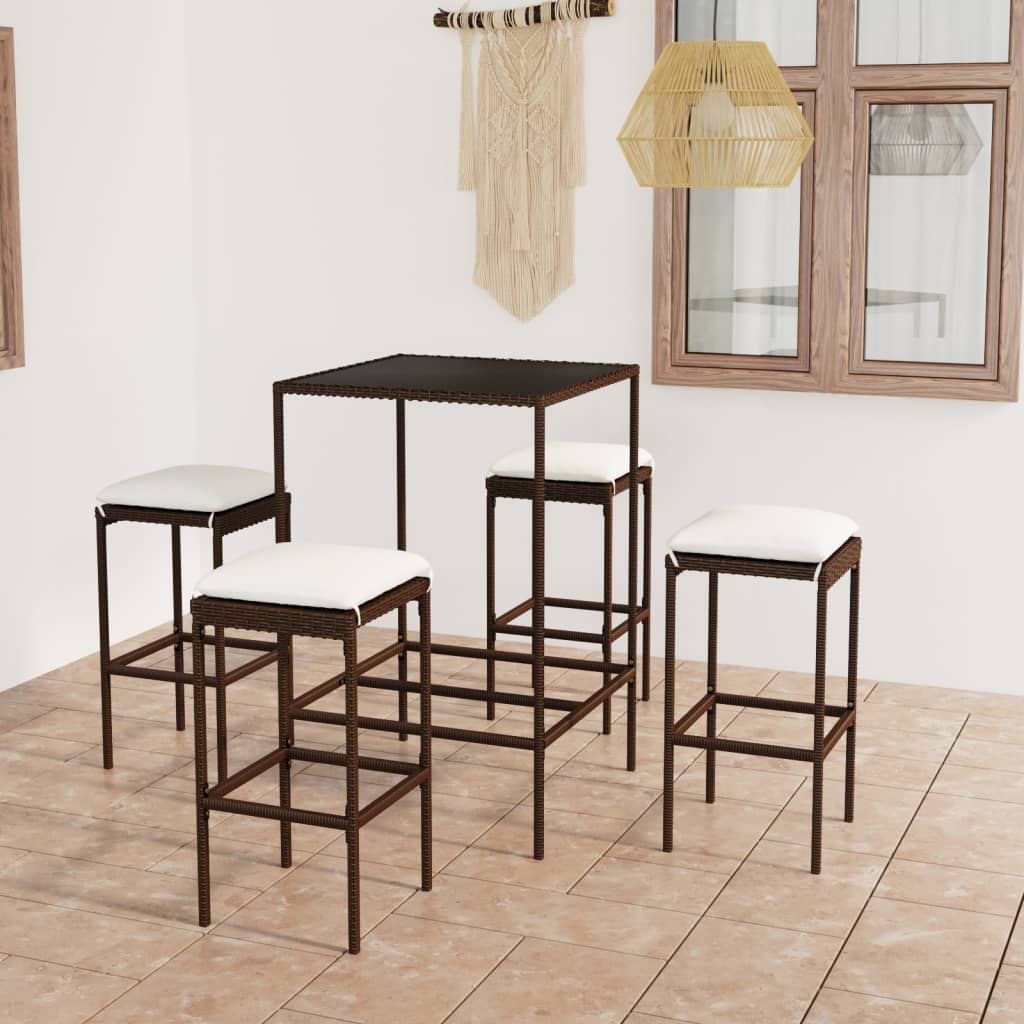 5 Pcs conjunto de bar p/ jardim com almofadões vime PE castanho