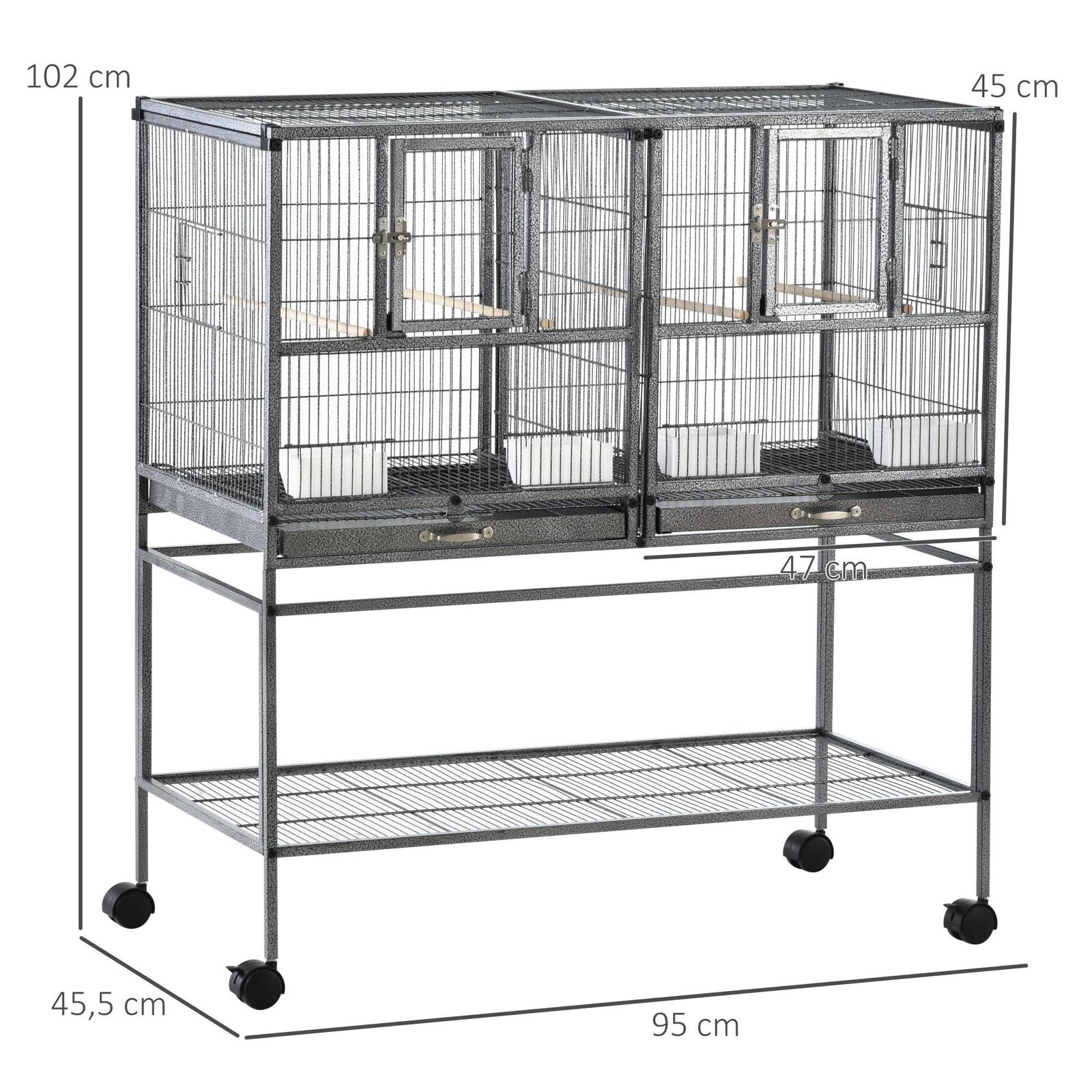 Gaiola de pássaro pequeno com 2 bandejas 4 alimentadores 4 poleiros 95x45,5x102 cm
