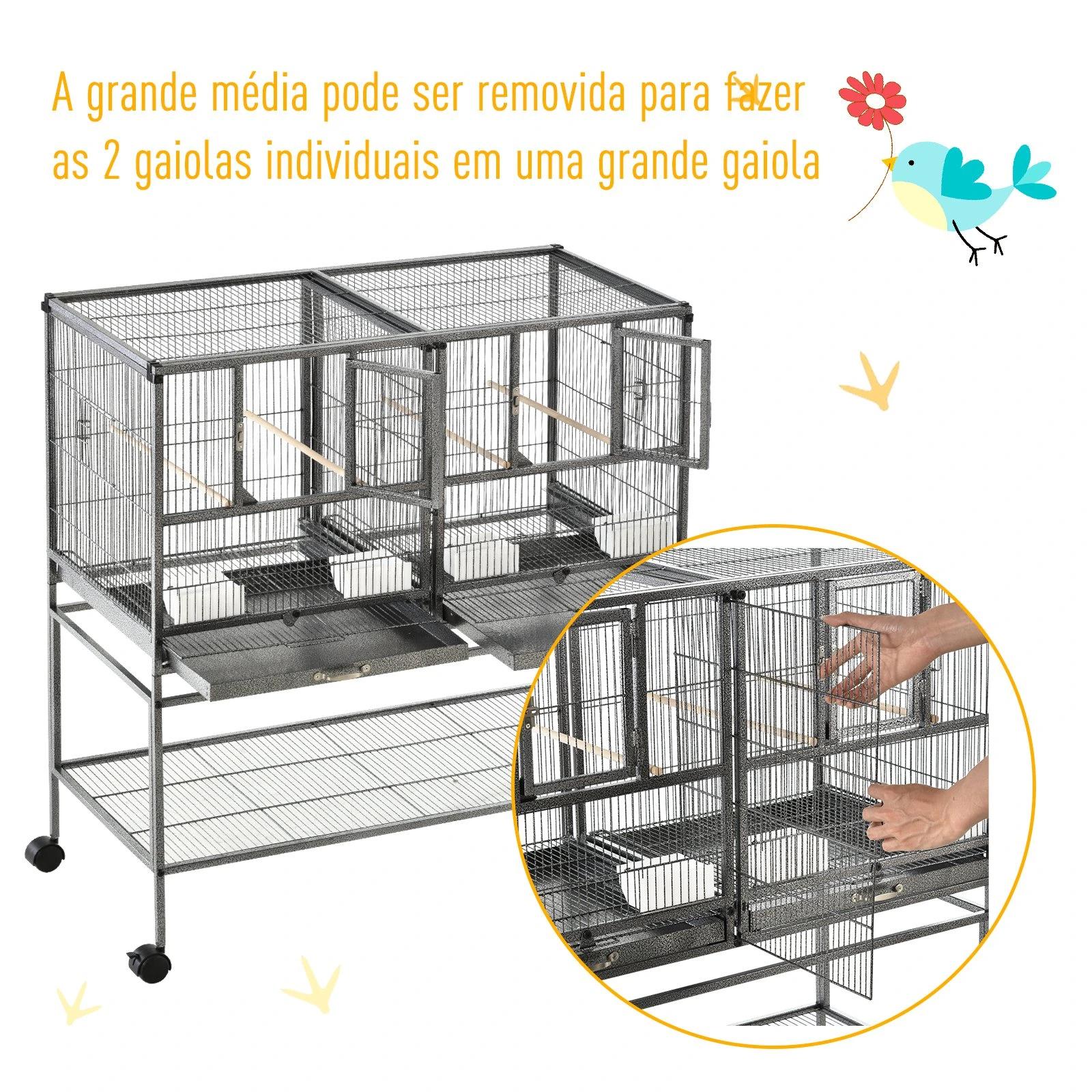 Gaiola de pássaro pequeno com 2 bandejas 4 alimentadores 4 poleiros 95x45,5x102 cm