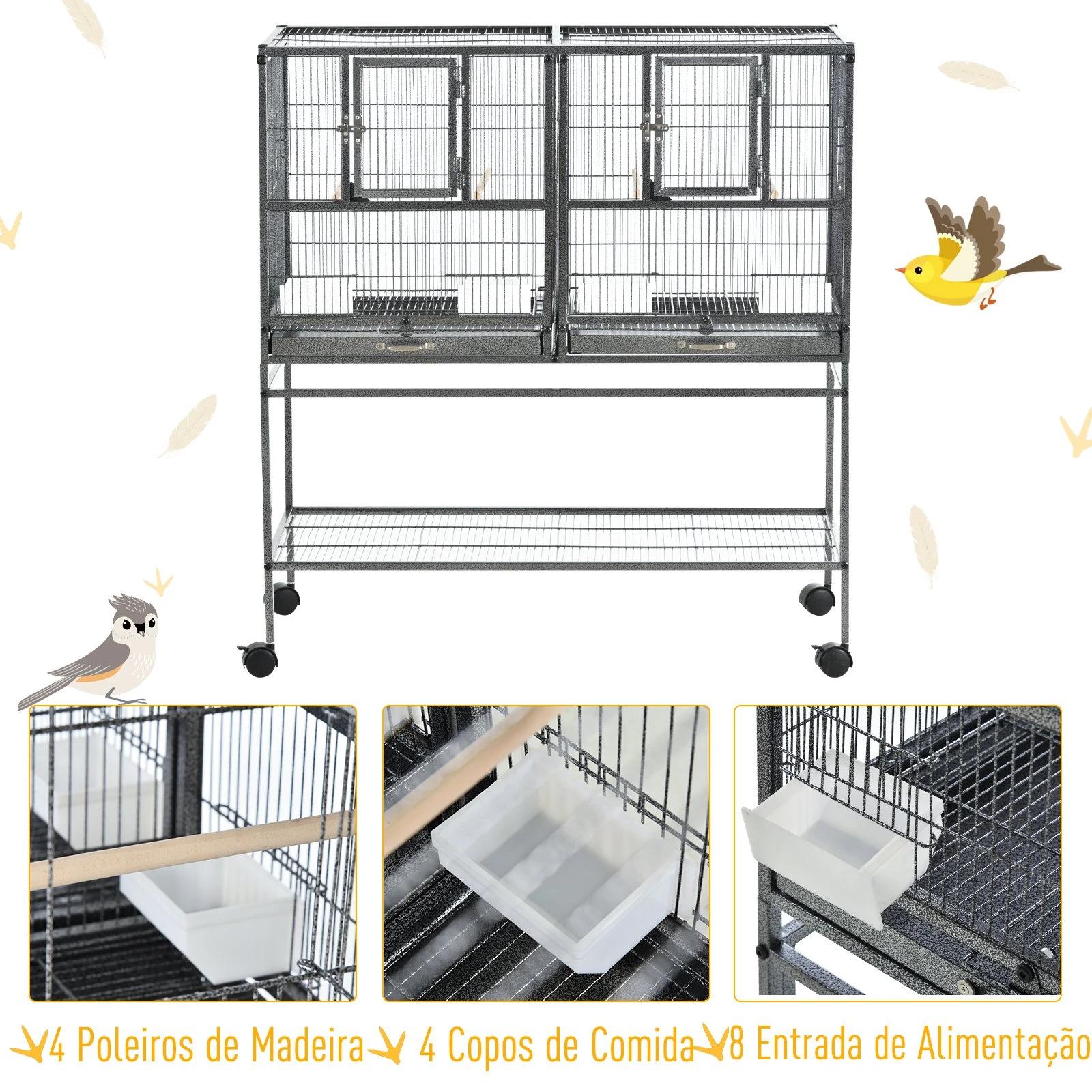 Gaiola de pássaro pequeno com 2 bandejas 4 alimentadores 4 poleiros 95x45,5x102 cm
