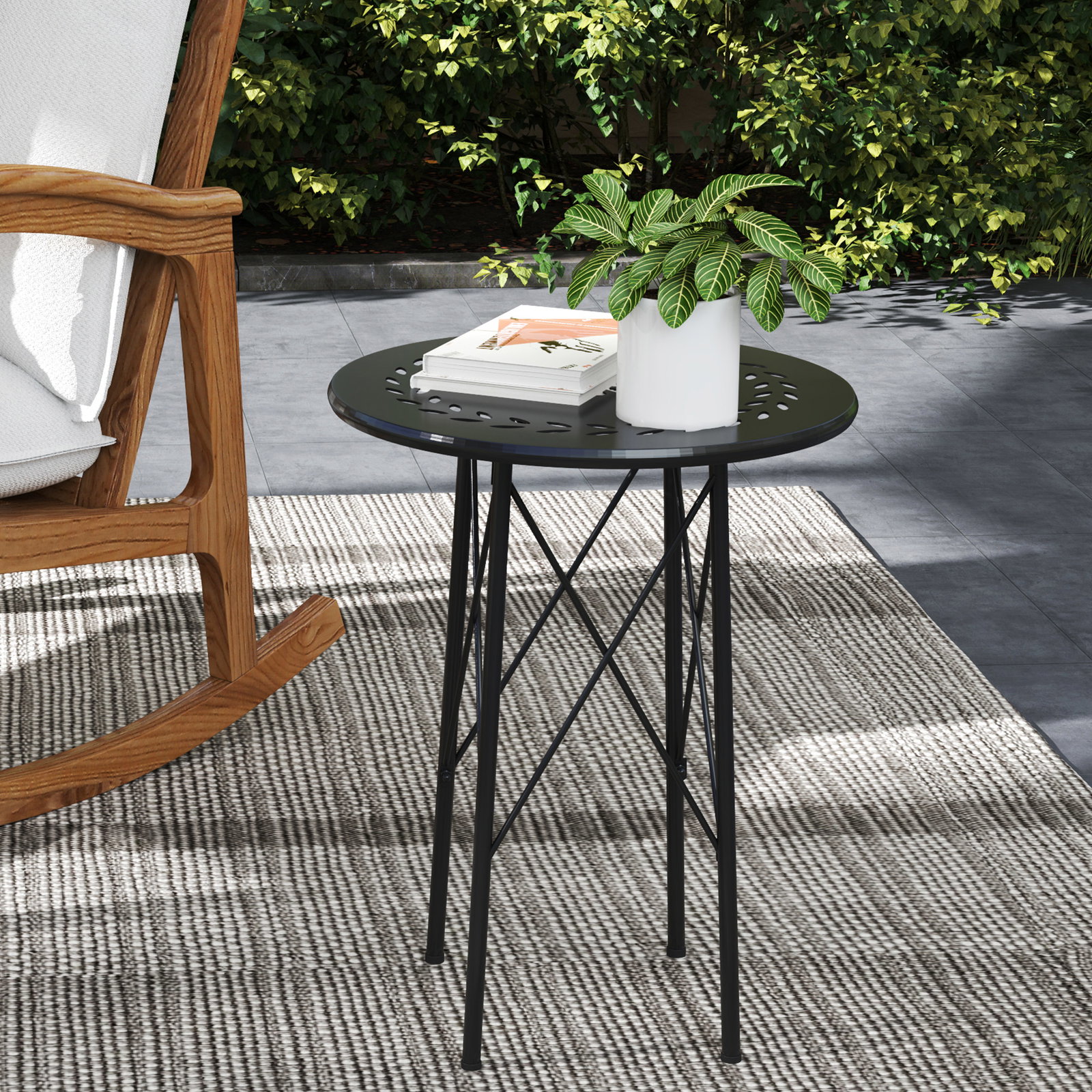 Mesa de jardim redonda mesa de varanda ø40x50 cm com pés ajustáveis e estrutura em forma de x para exterior e interior preto