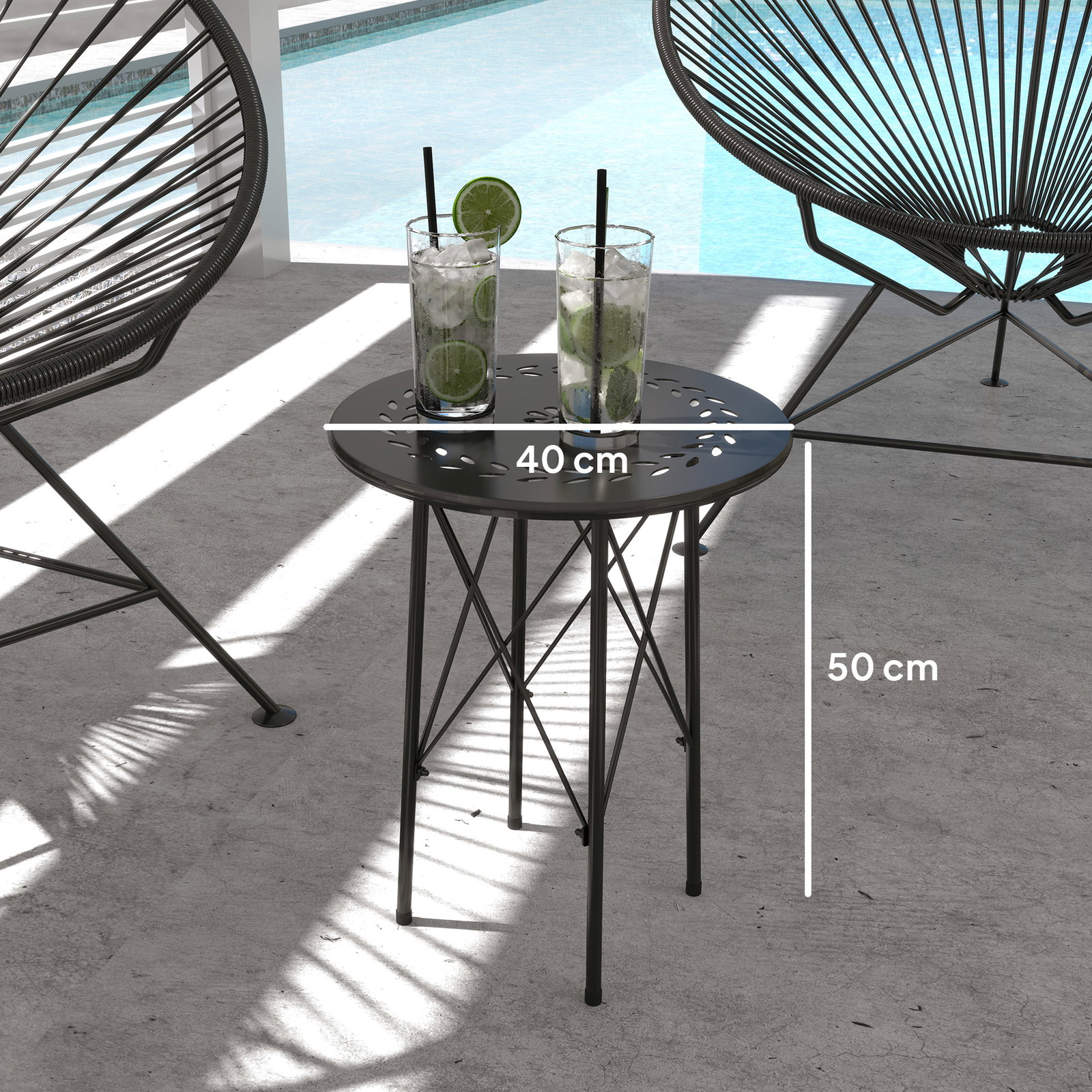 Mesa de jardim redonda mesa de varanda ø40x50 cm com pés ajustáveis e estrutura em forma de x para exterior e interior preto