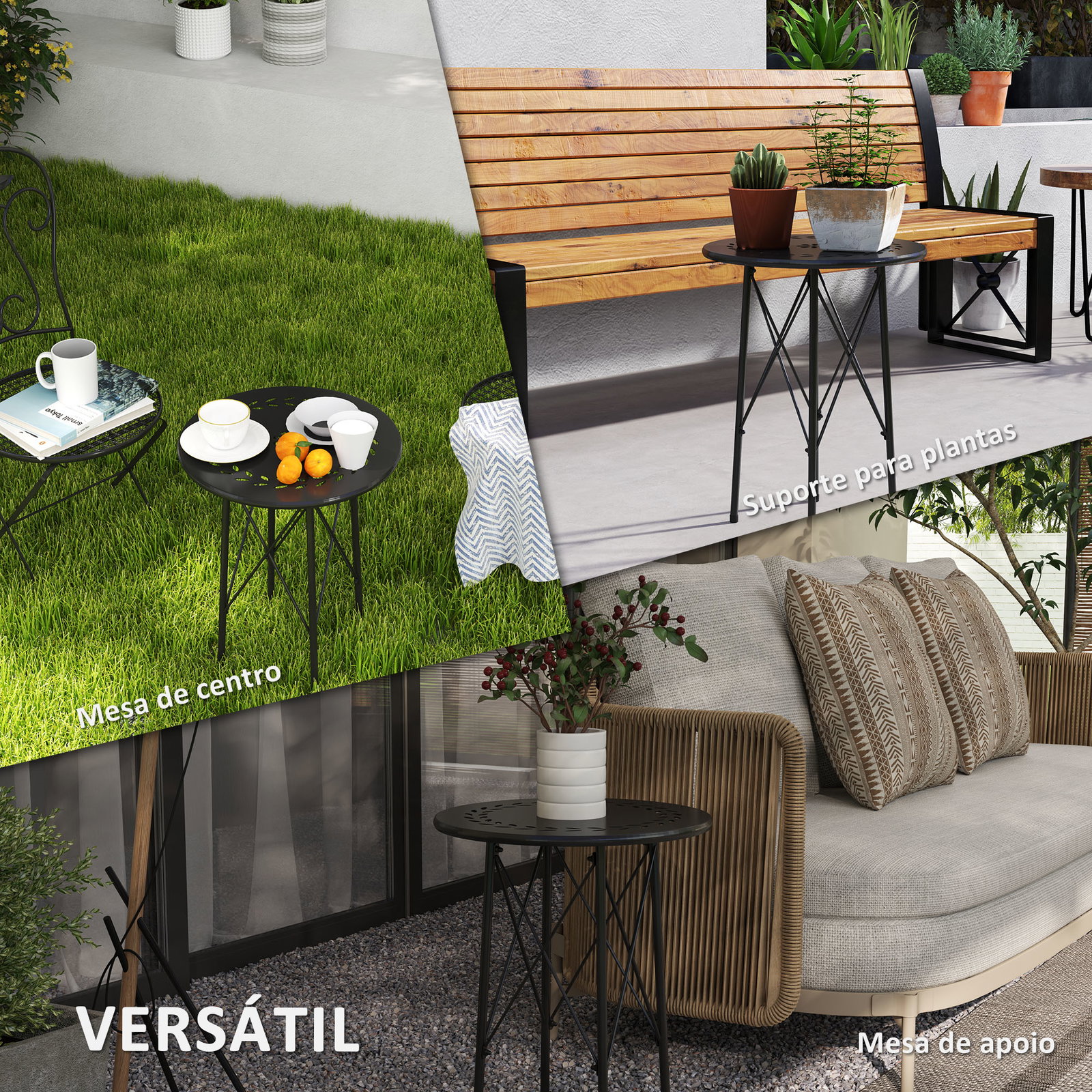 Mesa de jardim redonda mesa de varanda ø40x50 cm com pés ajustáveis e estrutura em forma de x para exterior e interior preto