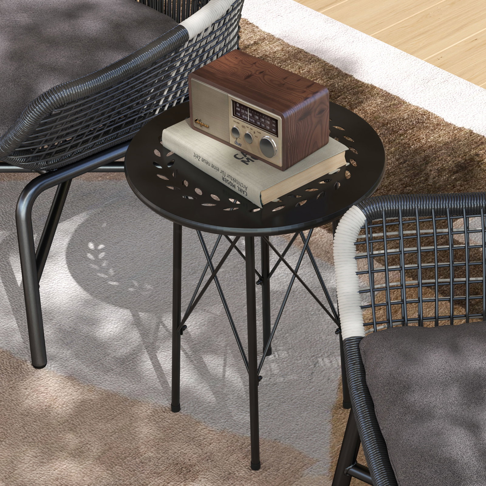Mesa de jardim redonda mesa de varanda ø40x50 cm com pés ajustáveis e estrutura em forma de x para exterior e interior preto