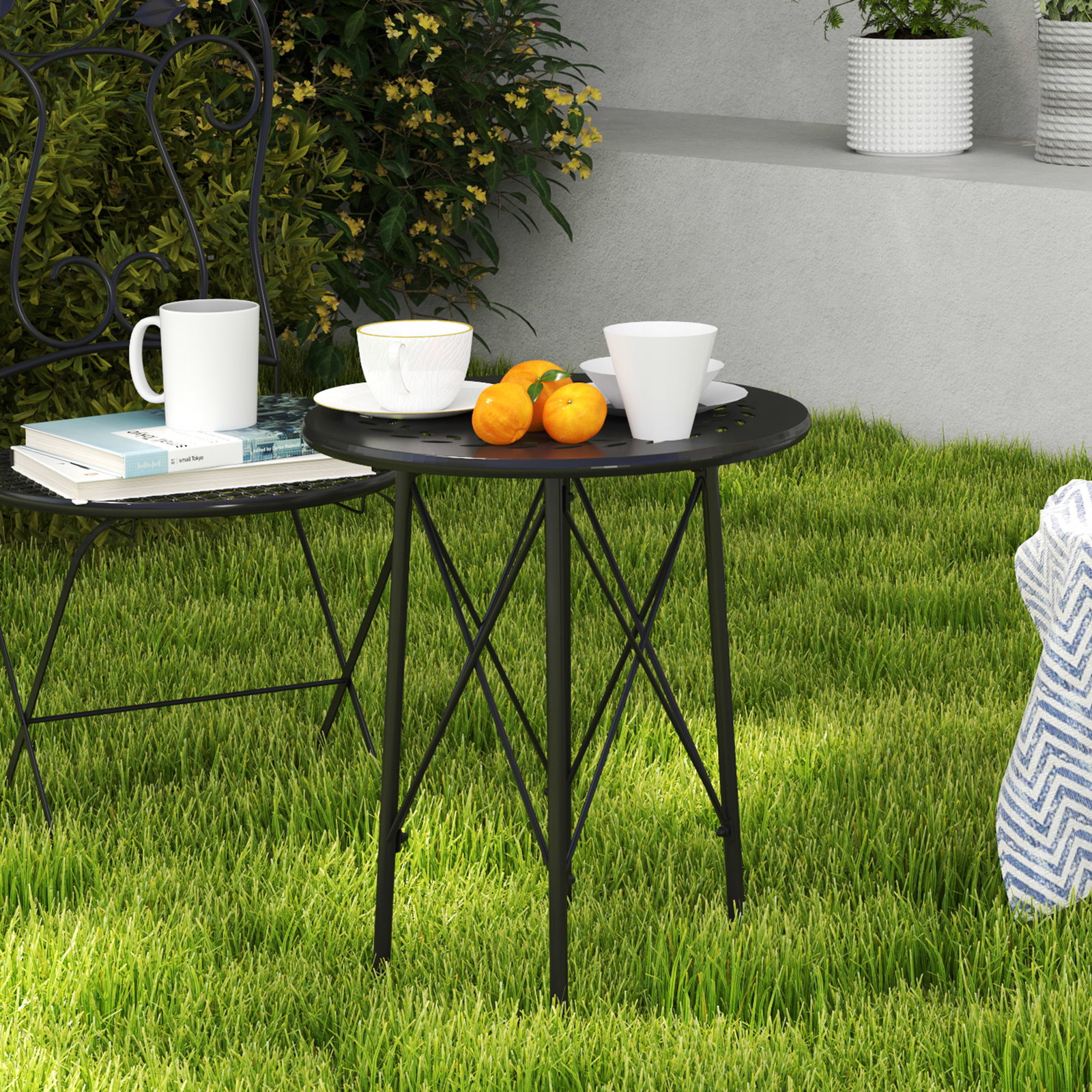 Mesa de jardim redonda mesa de varanda ø40x50 cm com pés ajustáveis e estrutura em forma de x para exterior e interior preto