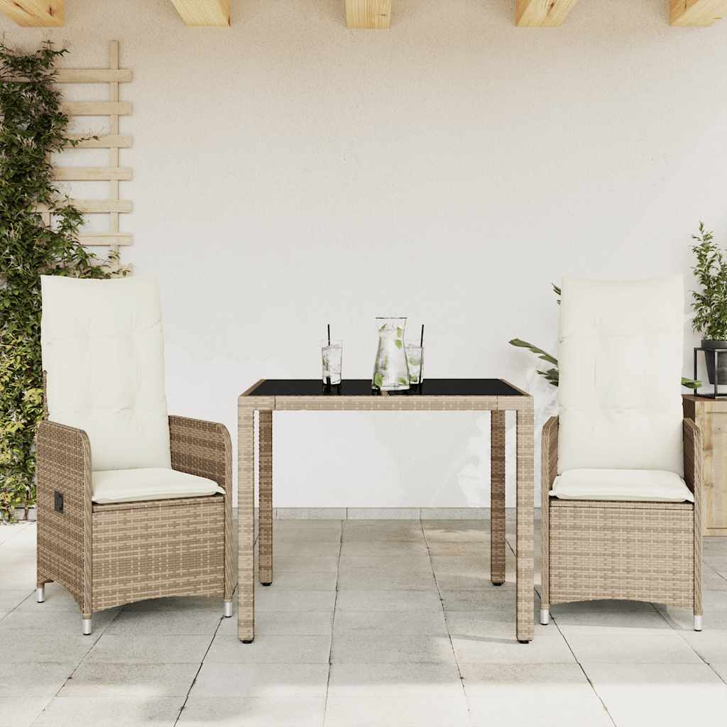 3 Pcs conjunto de bistrô para jardim c/ almofadões vime PE bege