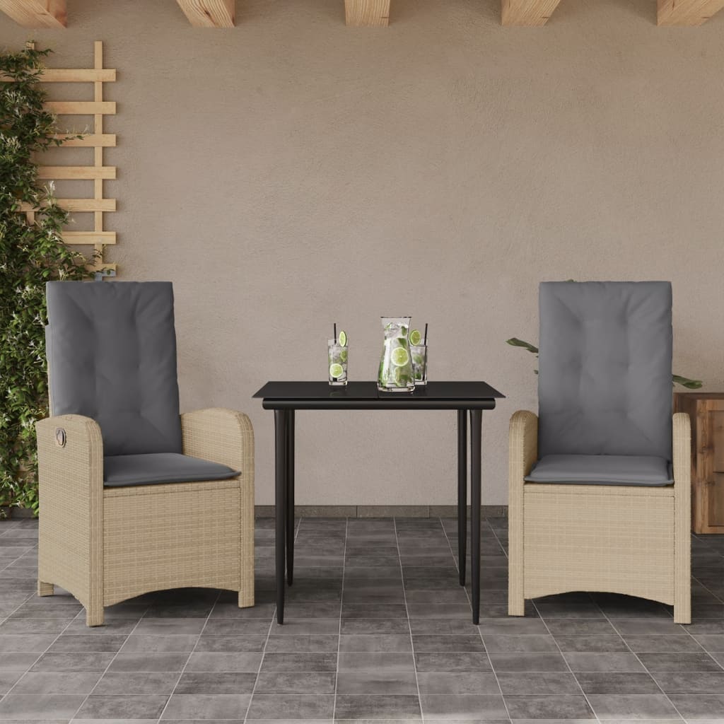 3 Pcs conj. jantar jardim c/ almofadões vime PE bege misturado