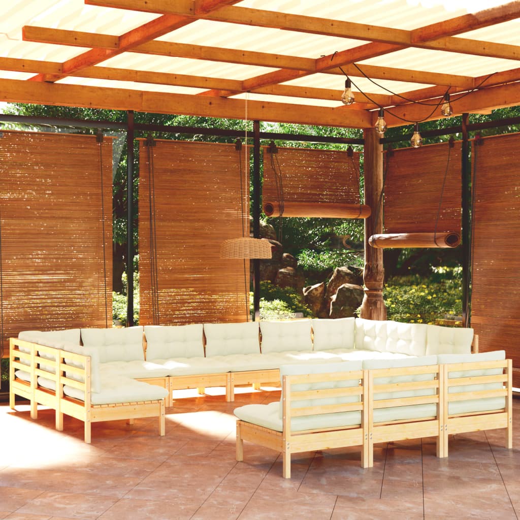 13 Pcs conjunto lounge jardim c/ almofadões creme pinho maciço