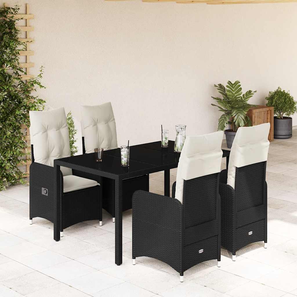 5 Pcs conjunto bistrô de jardim c/ almofadões vime PE preto