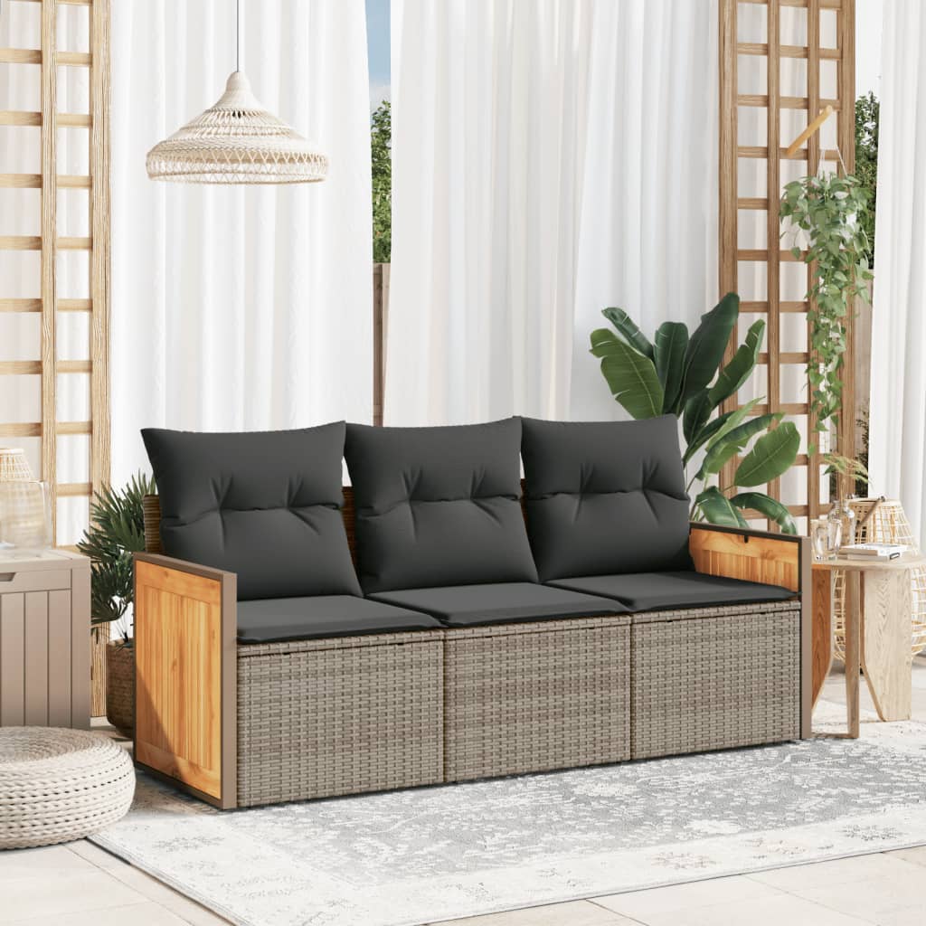 3 Pcs conjunto sofás de jardim c/ almofadões vime PE cinzento