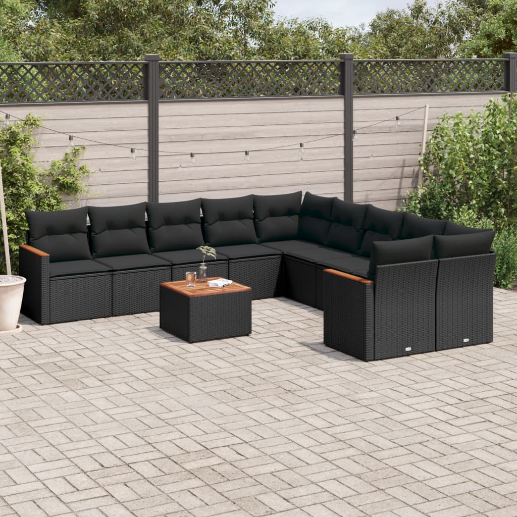 11 Pcs conjunto sofás de jardim c/ almofadões vime PE preto