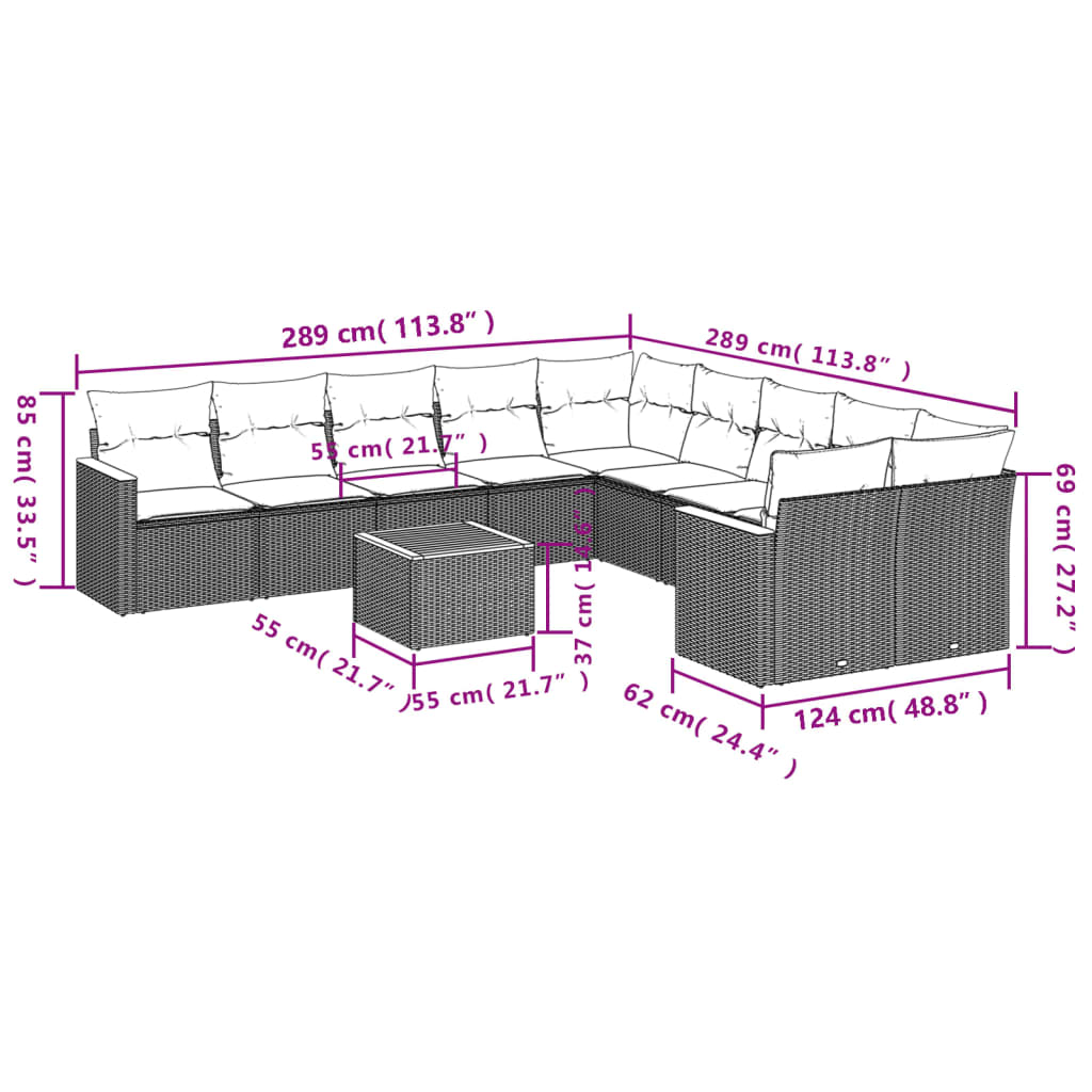 11 Pcs conjunto sofás de jardim c/ almofadões vime PE preto