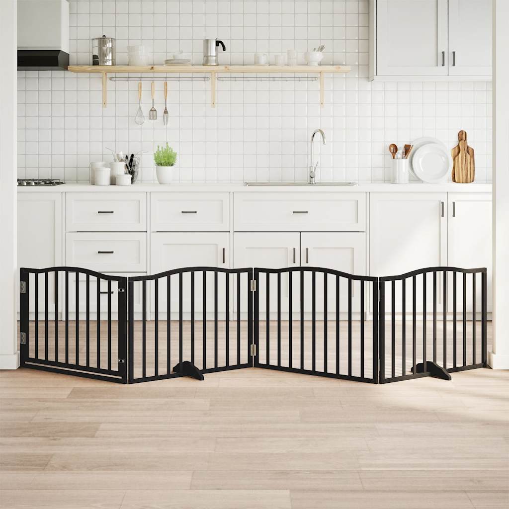 Portão para cães com porta dobrável, 4 painéis, preto, 320 cm, madeira de álamo