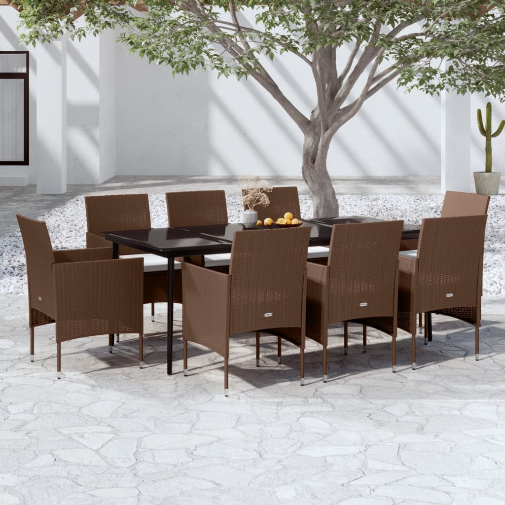 9 Pcs conjunto de jantar p/ jardim c/ almofadões castanho/preto