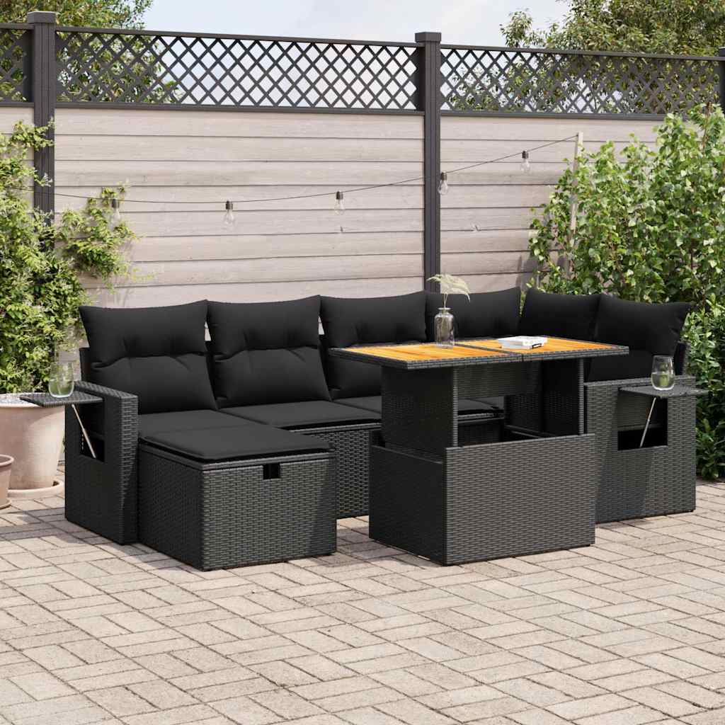 8 Pcs conjunto sofás jardim com almofadões vime PE/acácia preto