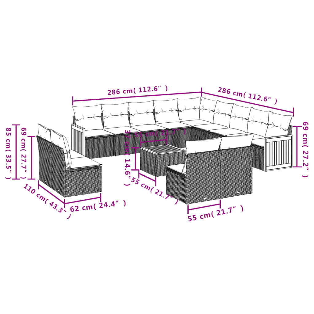14 Pcs conjunto de sofás p/ jardim com almofadões vime PE bege