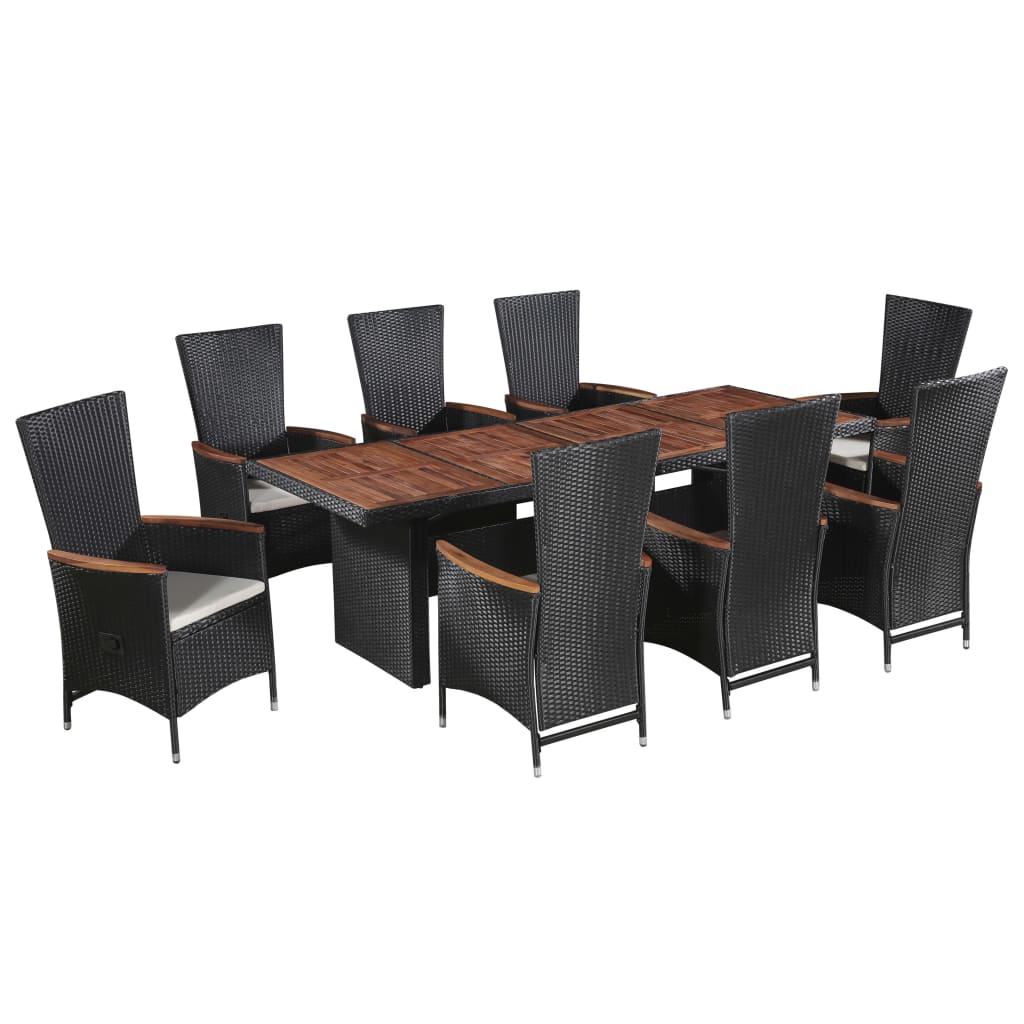 9 Pcs conjunto jantar exterior com almofadões vime PE preto