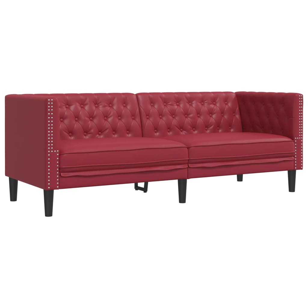 3 Pcs conj. de sofás chesterfield couro artif. vermelho tinto