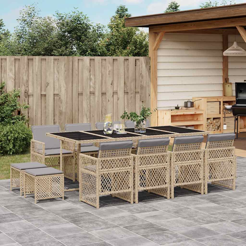 13 Pcs conjunto de jantar p/ jardim com almofadões vime PE bege