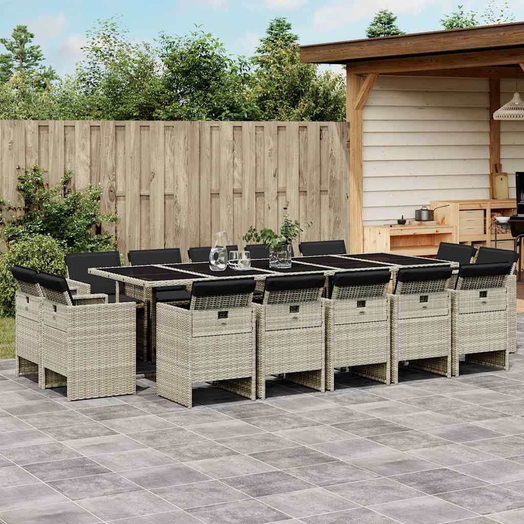 17 Pcs conj. jantar jardim c/ almofadões vime PE cinzento-claro