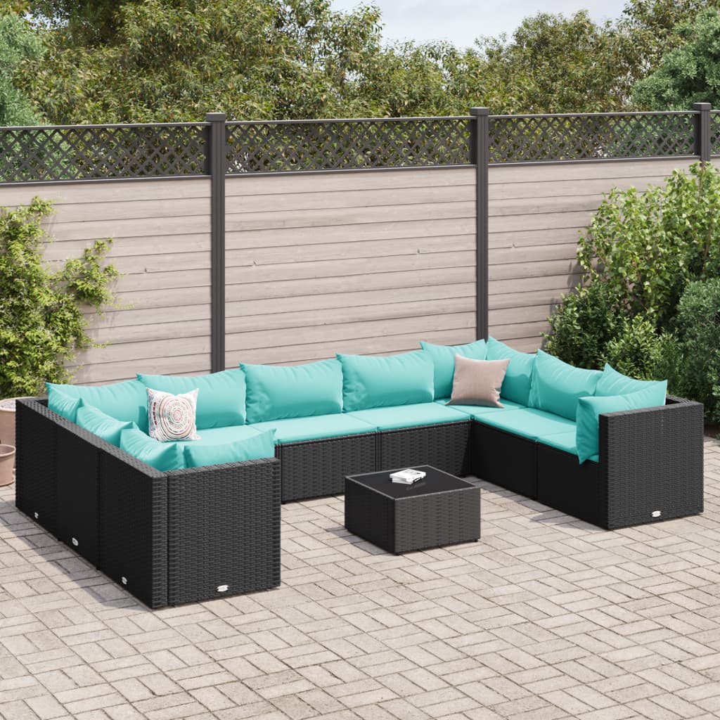 10 Pcs conjunto lounge de jardim c/ almofadões vime PE preto