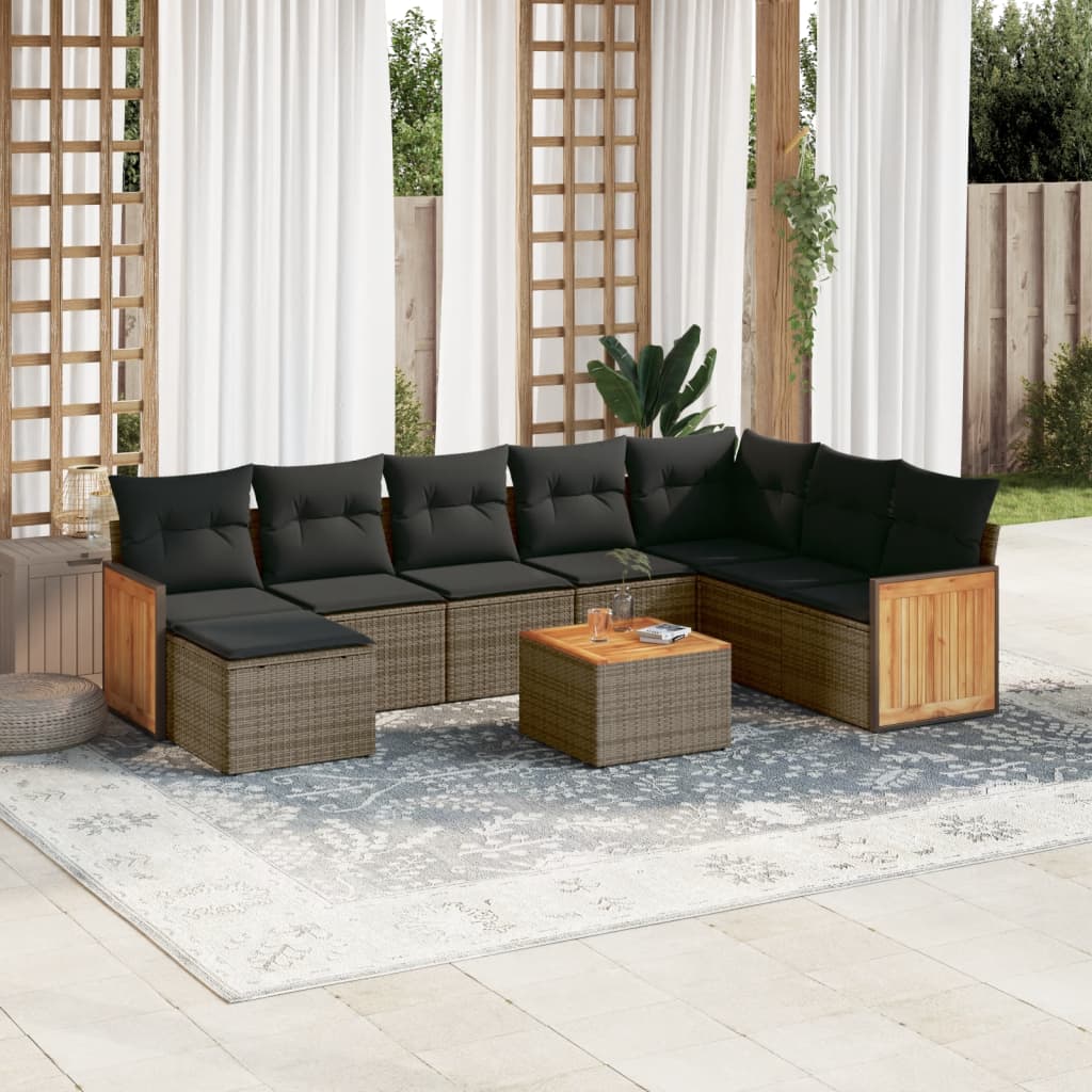9 Pcs conjunto sofás p/ jardim com almofadões vime PE cinzento