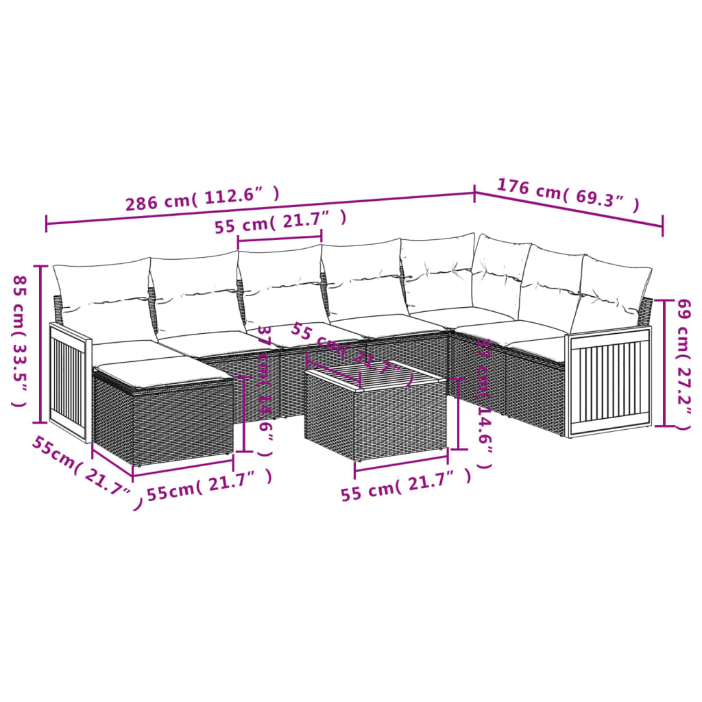 9 Pcs conjunto sofás p/ jardim com almofadões vime PE cinzento