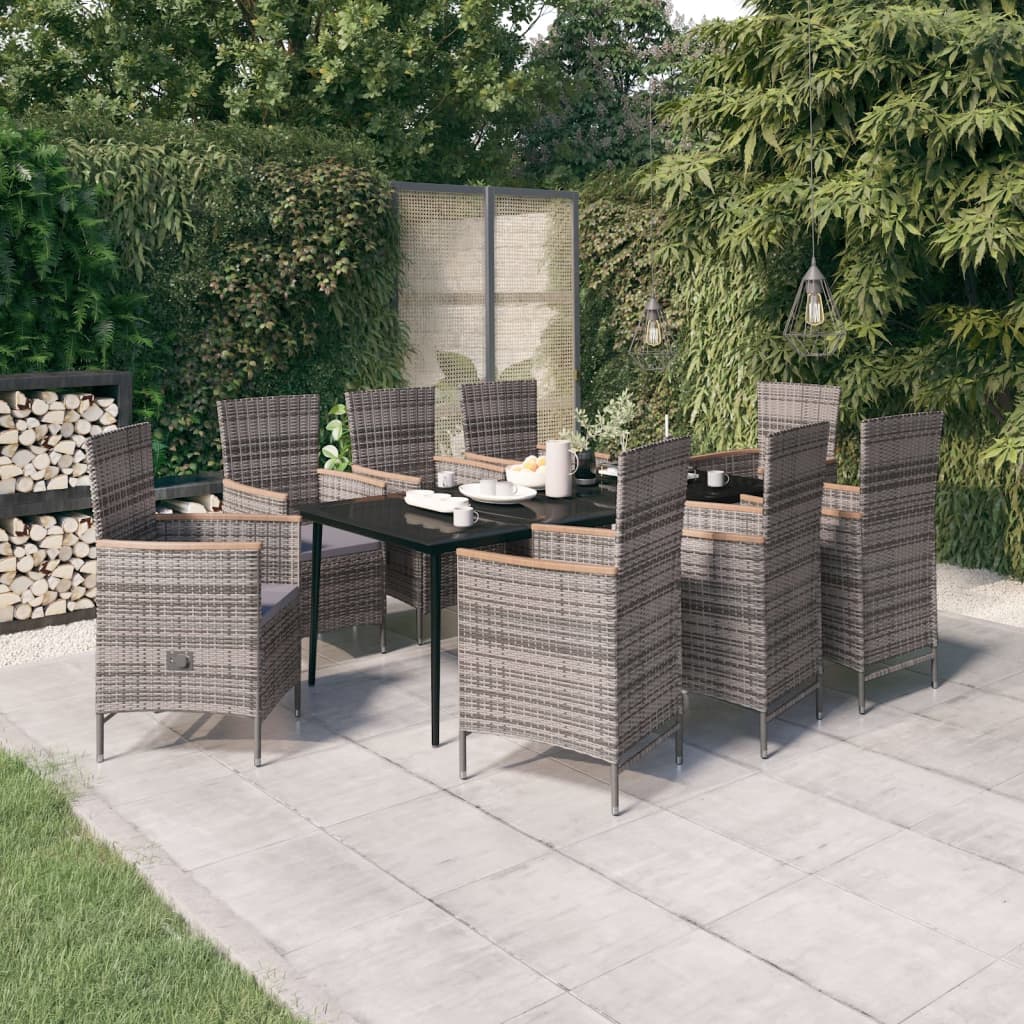 9 Pcs conjunto de jantar para jardim com almofadões cinza