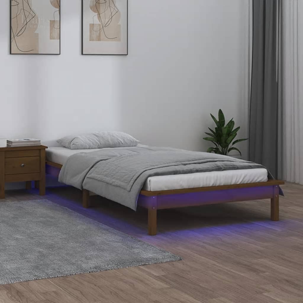 Estrutura cama c/ LED solteiro 75x190cm madeira castanho mel