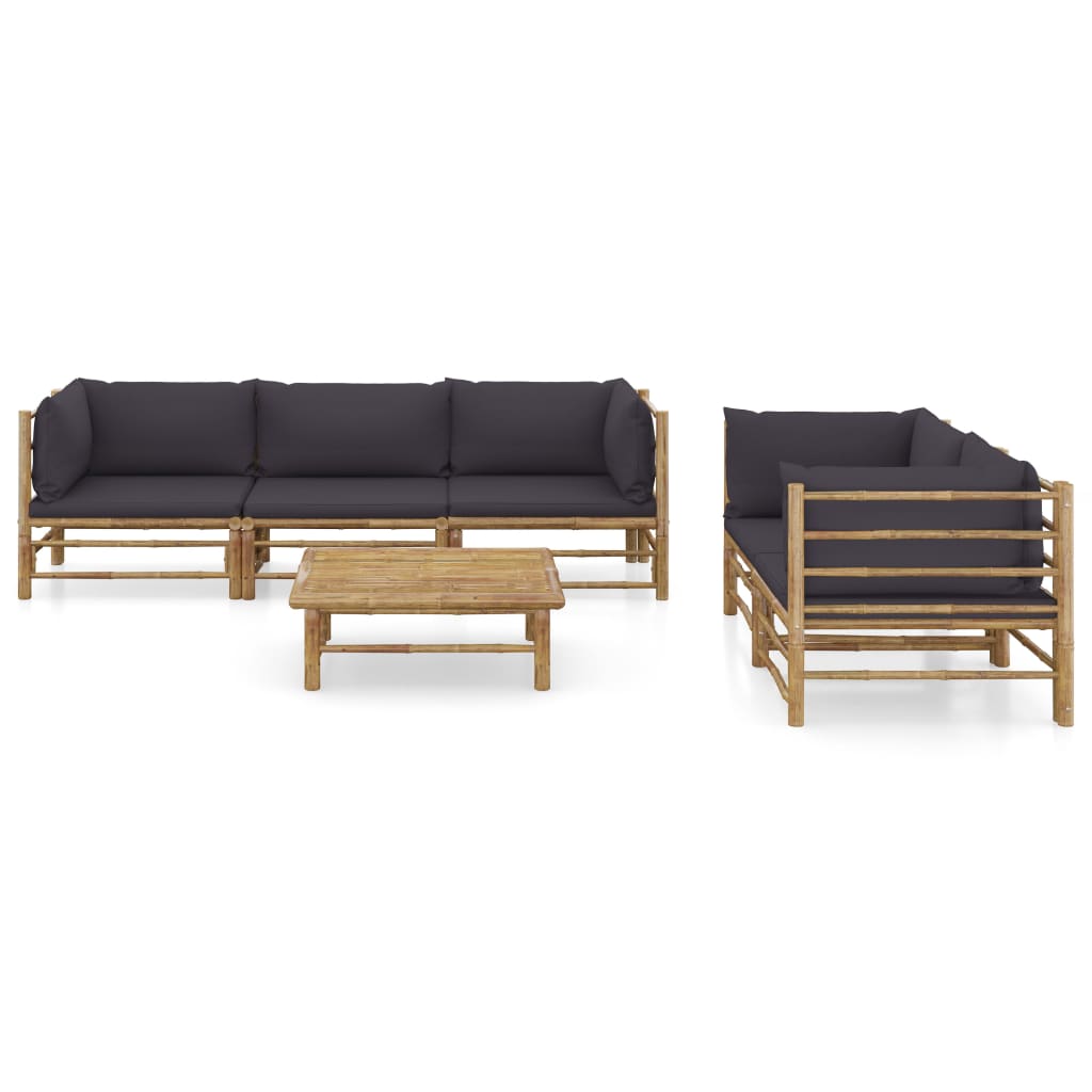 6 Pcs conj. lounge jardim em bambu c/ almofadões cinza-escuro