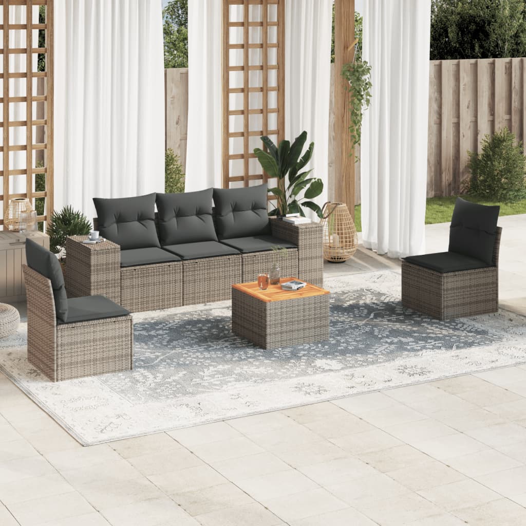 6 Pcs conjunto sofás de jardim com almofadões vime cinzento