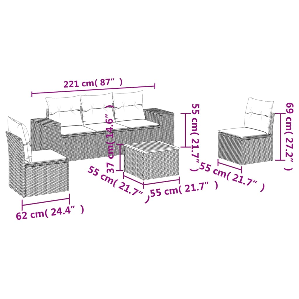 6 Pcs conjunto sofás de jardim com almofadões vime cinzento