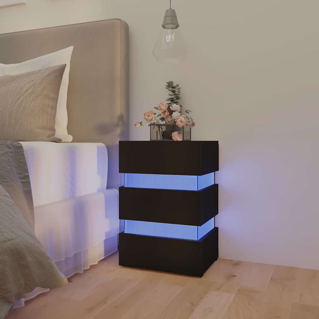 Mesa de cabeceira c/ luzes LED derivados de madeira preto