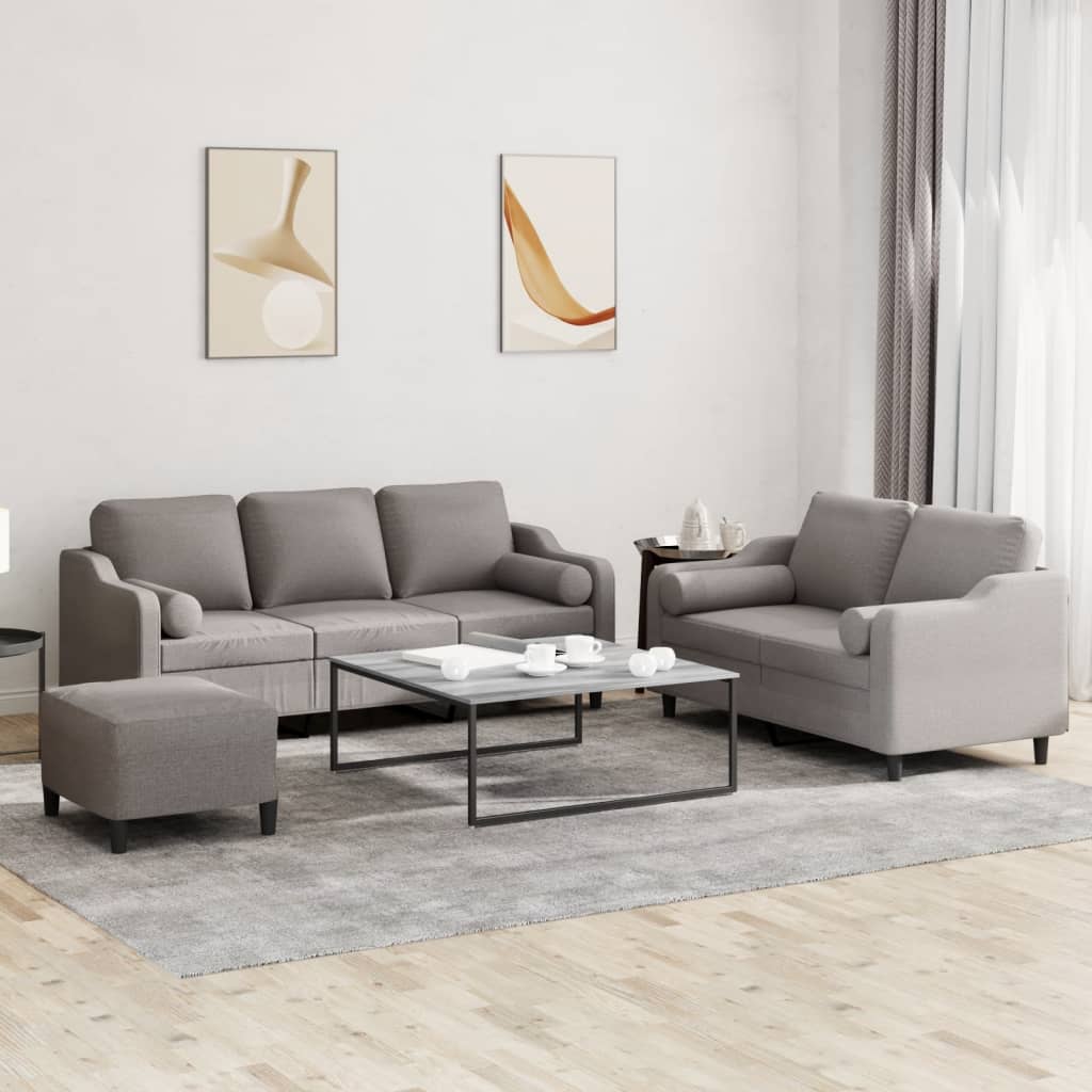 3 Pcs conjunto de sofás com almofadas tecido cinza-acastanhado