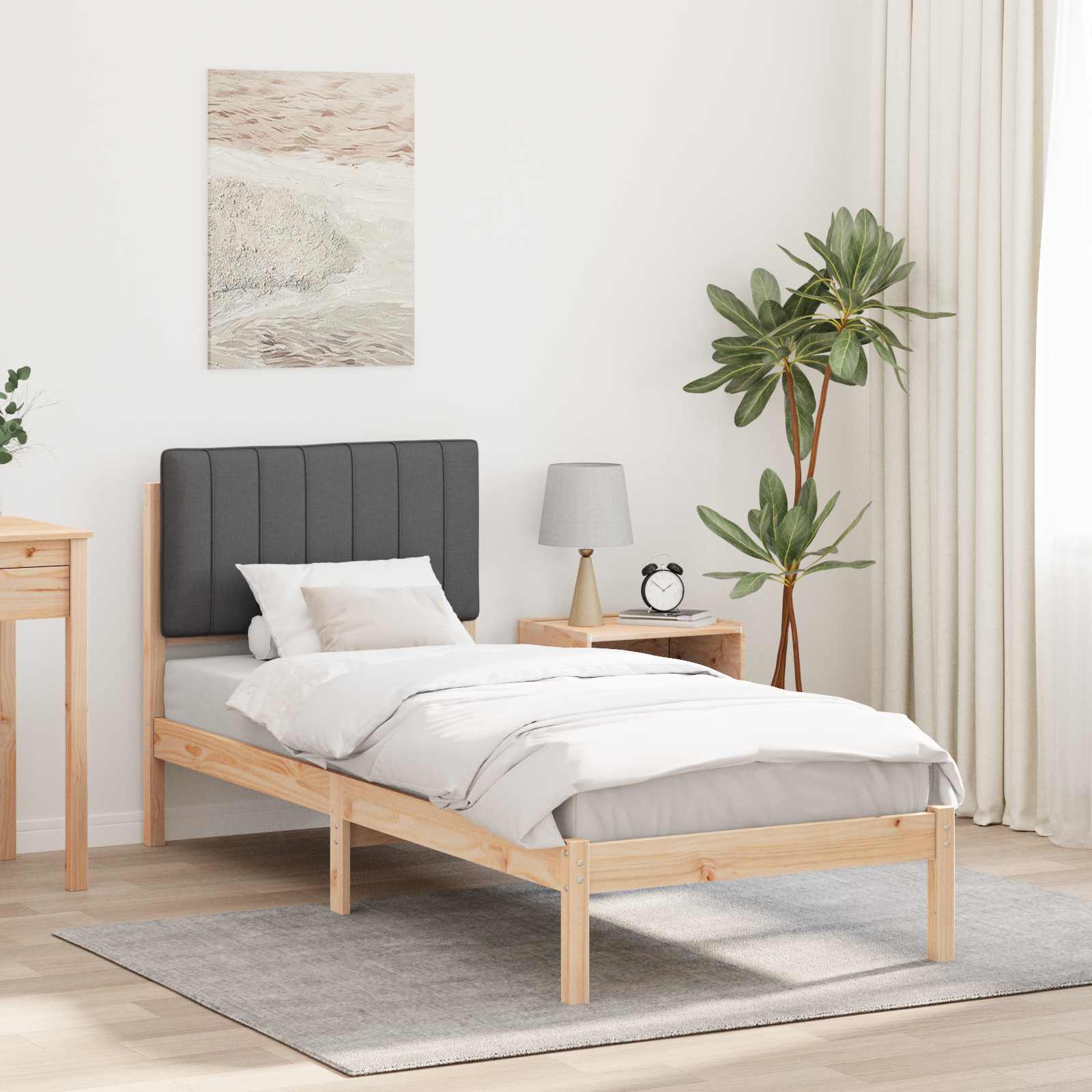 Estrutura de cama com cabeceira estofada cinza escuro