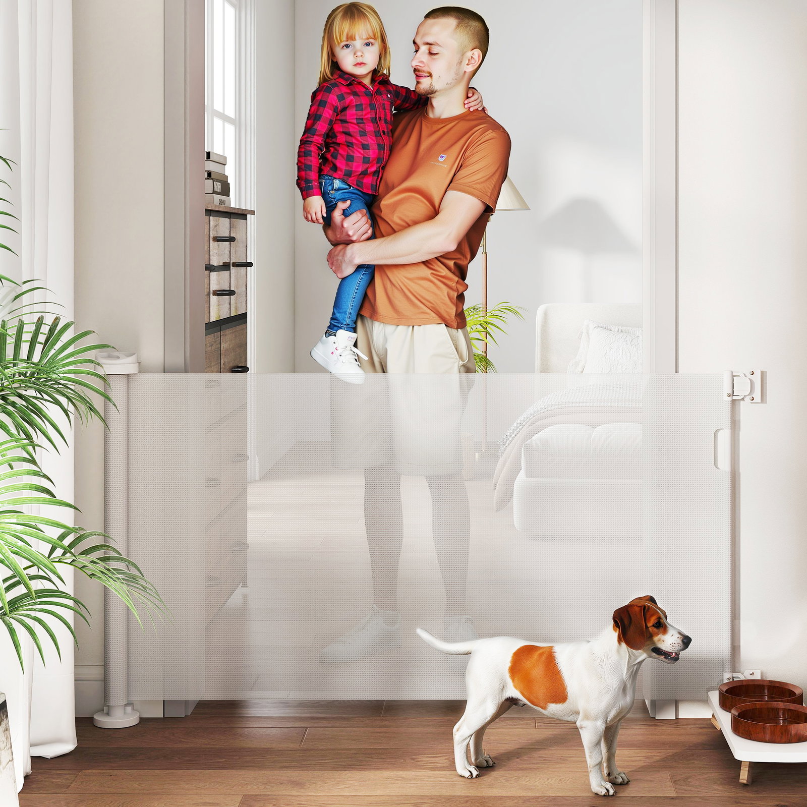Barreira de segurança para cães retrátil 0-136 cm para cães pequenos com botão de fecho branco